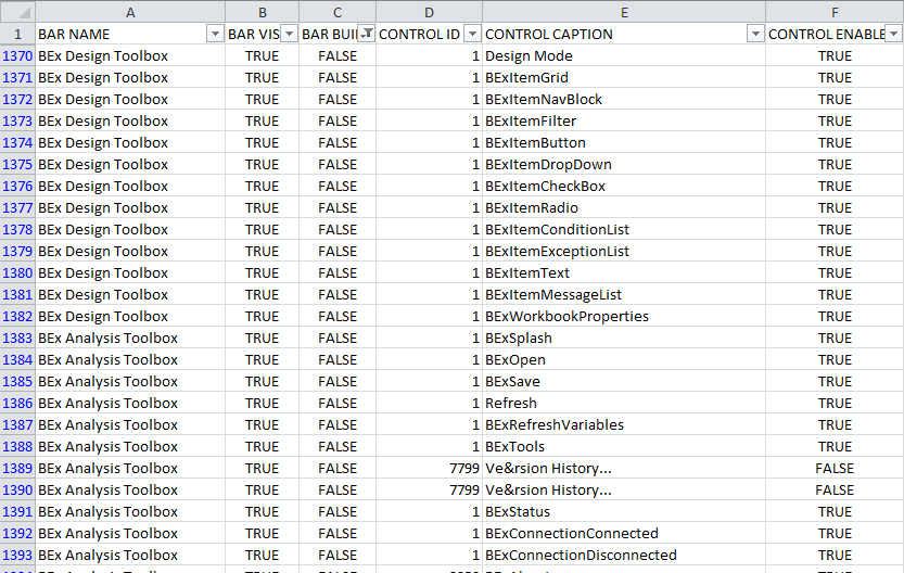 List Excel command bars and controls